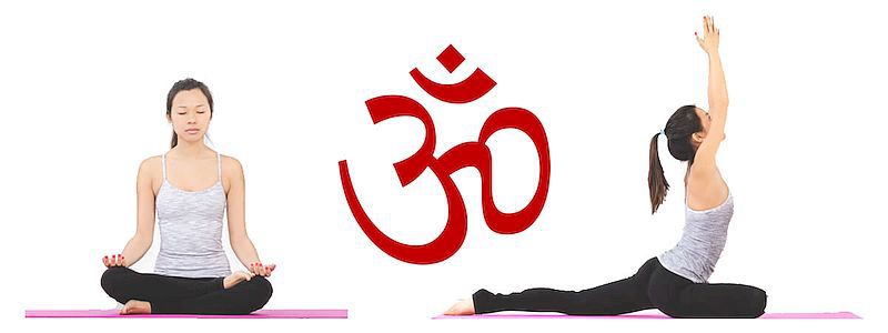 Símbolo Om y dos personas practicando Yoga